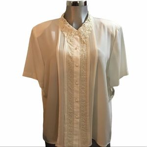 Vintage Liz Baker Ivory Blouse Pearl Bead Collar Cottagecore Business Pleated L